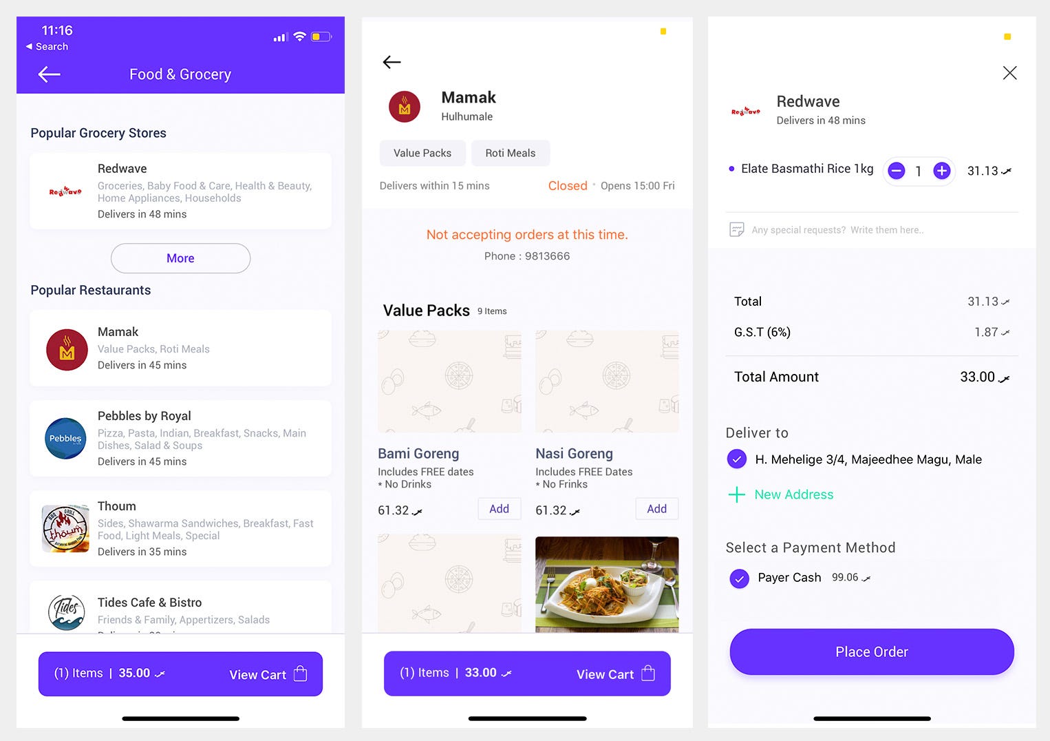 Browsing grocery stores and restaurants in the Payer app, adding items to a cart and placing an order.