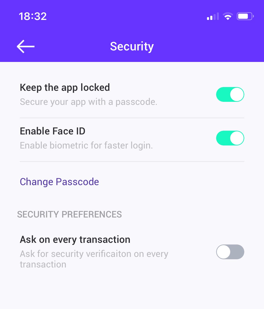 The Payer security screen, with app lock, Face ID and a per-transaction verification preference.