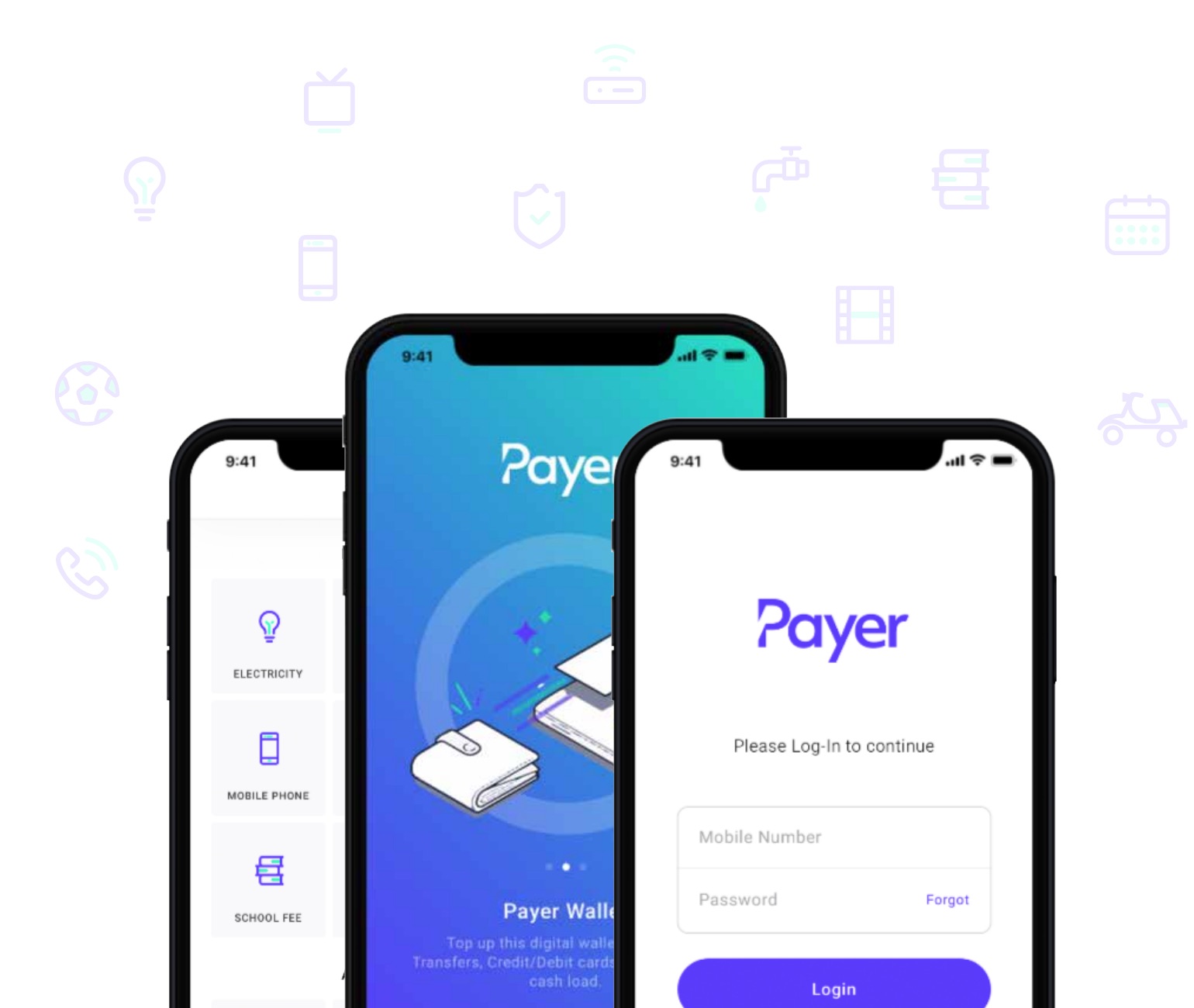 Early Payer app concepts: a list of bill services, the Payer Wallet screen and the login screen.